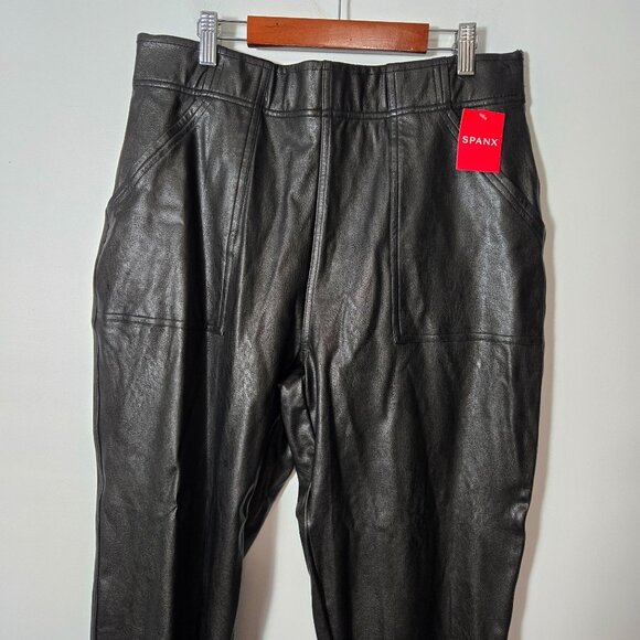 Spanx Size L Leather Like Jogger Pants Black High Rise Faux Pull On Pockets NEW - Picture 3 of 14